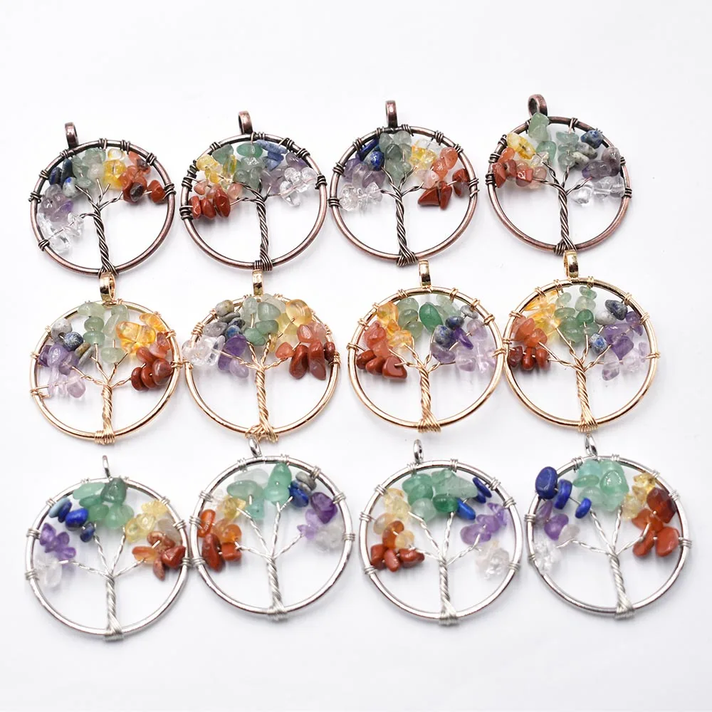 Wholesale 12pcs/lot 7 Chakra Natural Stone Wrap Wisdom Tree of Life gold colour Plated Round Pendants for necklace making