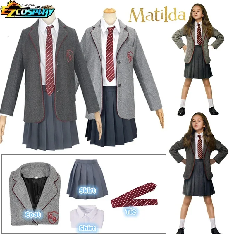 Matilda Children's Musical Cosplay Costume Girls School Uniform Suit Jacket Shirt Skirt Tie Halloween Party Full Set