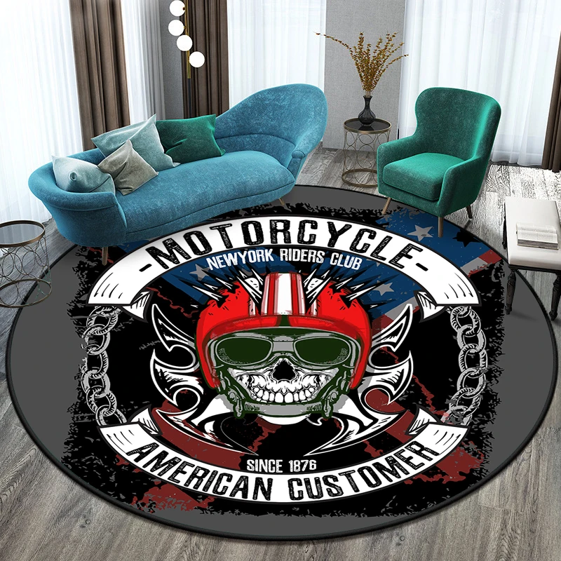 Motorcycle Skull Art Printed Round Carpet for Living Room Mat Children Floor Rug Yoga Mat Bedroom E-sports Chair Non Slip Mats