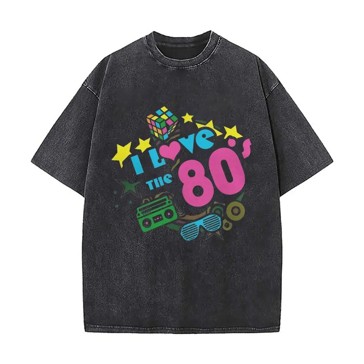 I Love the 80s Decade Tribute Art Sports Casual Distressed Washed Short Sleeve Breathable Cotton Top