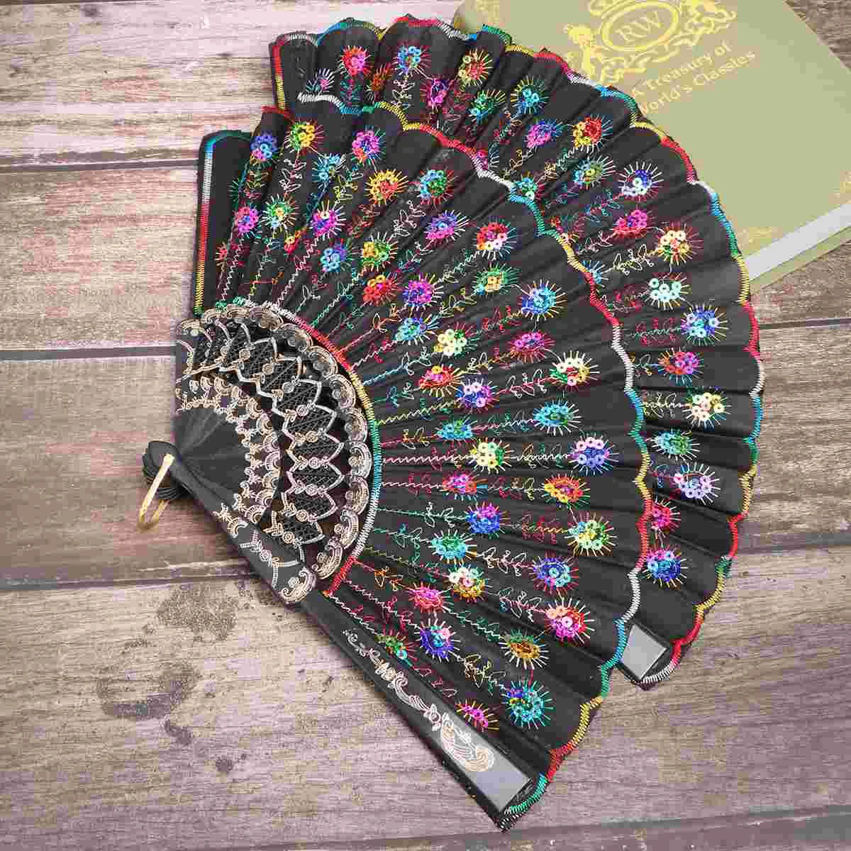 2pcs Dancing Fan Sequined Embroidery Handhled Fan Crafts Fan Gift Fan for Friends Dancer (Colorful)