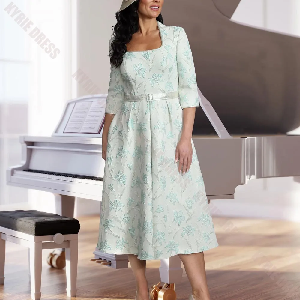 Charming Mother of The Bride Dresses Customized Square Nec 3/4 Sleeves Floral Print Women Wedding Guest Gown Party Evening Dress