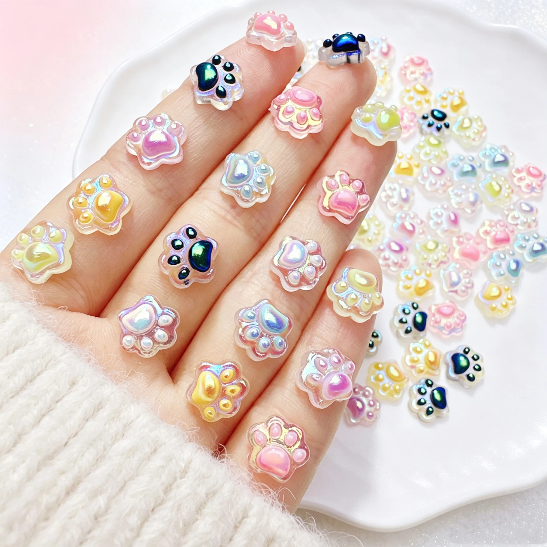 50Pcs 3D Aurora Cat Paw Nail Charms Iridescent Flat Back Animal Paws Nails Art Decoration Kawaii Crafts DIY Manicure Accessories