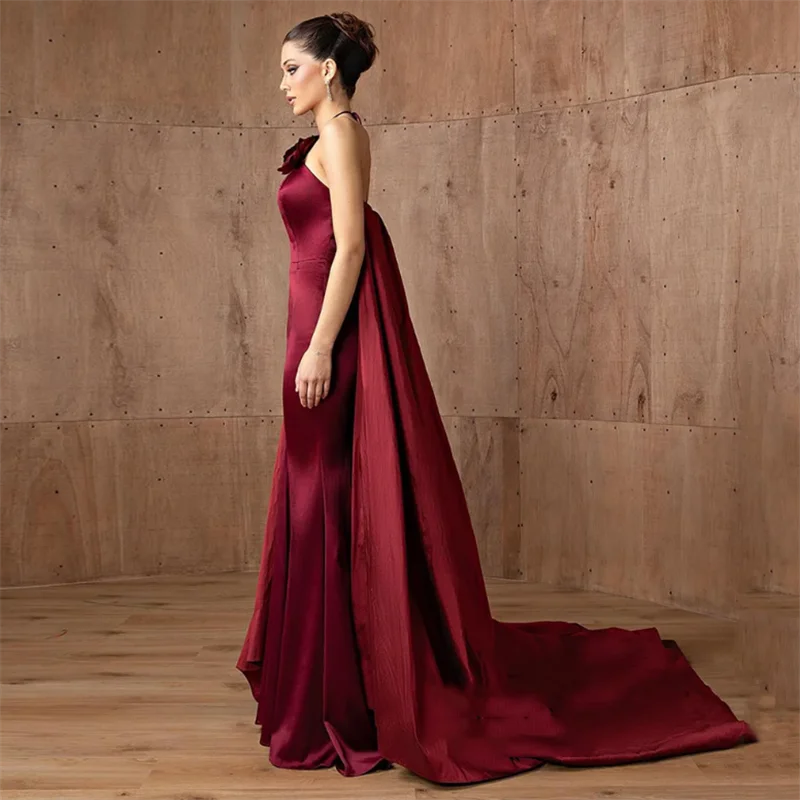 Robe De soirée sirène bordeaux, Sexy, personnalisée, col licou, sans manches, fleurs, Train Court, Robe De bal, robes De soirée