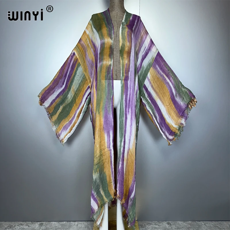 

WINYI Women Bohemian Hand-tied stripe Elegant dress African Cardigans Outerwear For Women Summer Sexy cotton feeling Kimono