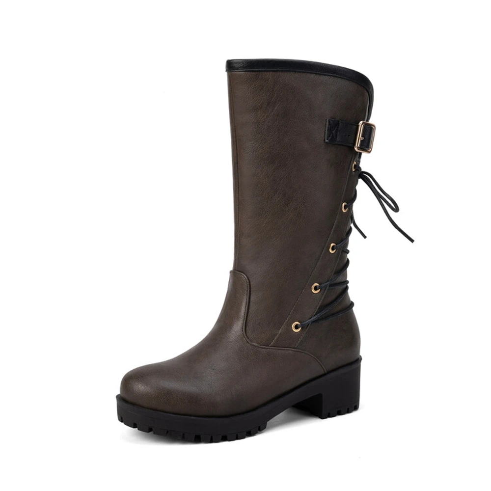 Botas De Mujer 2023 nuovo autunno inverno stivali a metà polpaccio moda donna punta tonda tacchi alti in pelle marrone scarpe con plateau 9943-8