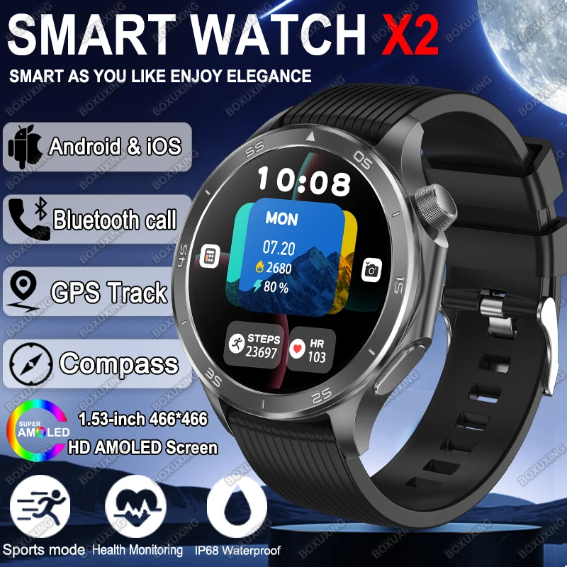 

2026 New For OPPO WATCH X2 Smart Watch HD AMOLED Screen GPS Track Heart Rate Bluetooth Call Compass Waterproof Sports Smartwatch