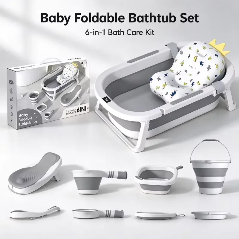 Foldable baby tub, baby bath set 6 in 1 with temperature sensor, suitable for newborns aged 0-3 | Mingtu