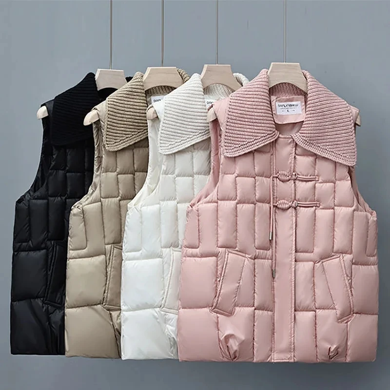 

Down Cotton Vest Jacket Women Winter New 2024 Knitted Lapel Collar Warm Casual Sleeveless Female Waistcoat Outerwear Tops