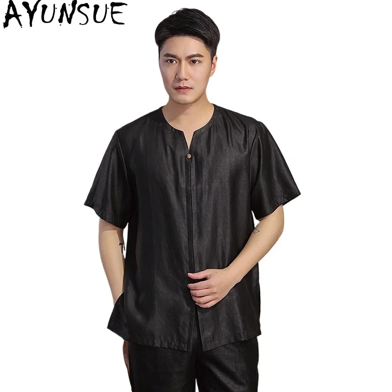 

AYUNSUE 100% Mulberry Silk Men Shirt Mens Shirts Short Sleeves Chemise Ete 2024 Homme Summer Casual Mens Clothing Loose Fit Tops