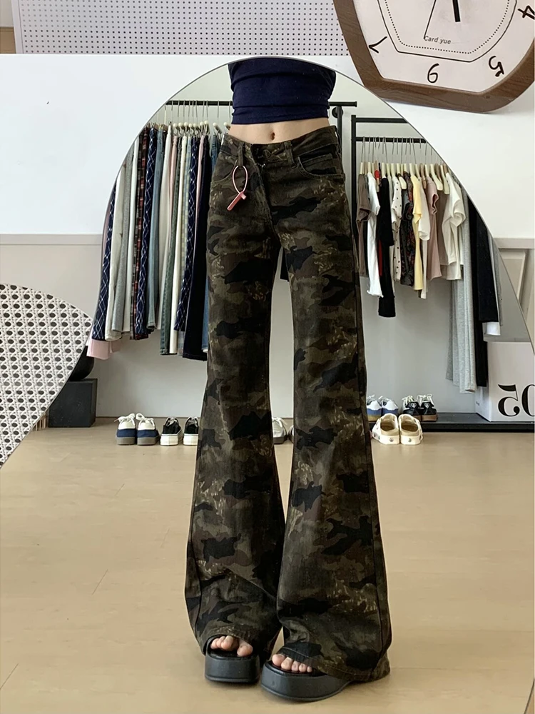 Calças Jeans Camufladas Estilo Americano Retrô para Homens e Mulheres, Corte Flare, Ajuste Solto, Jeans Casuais de Verão