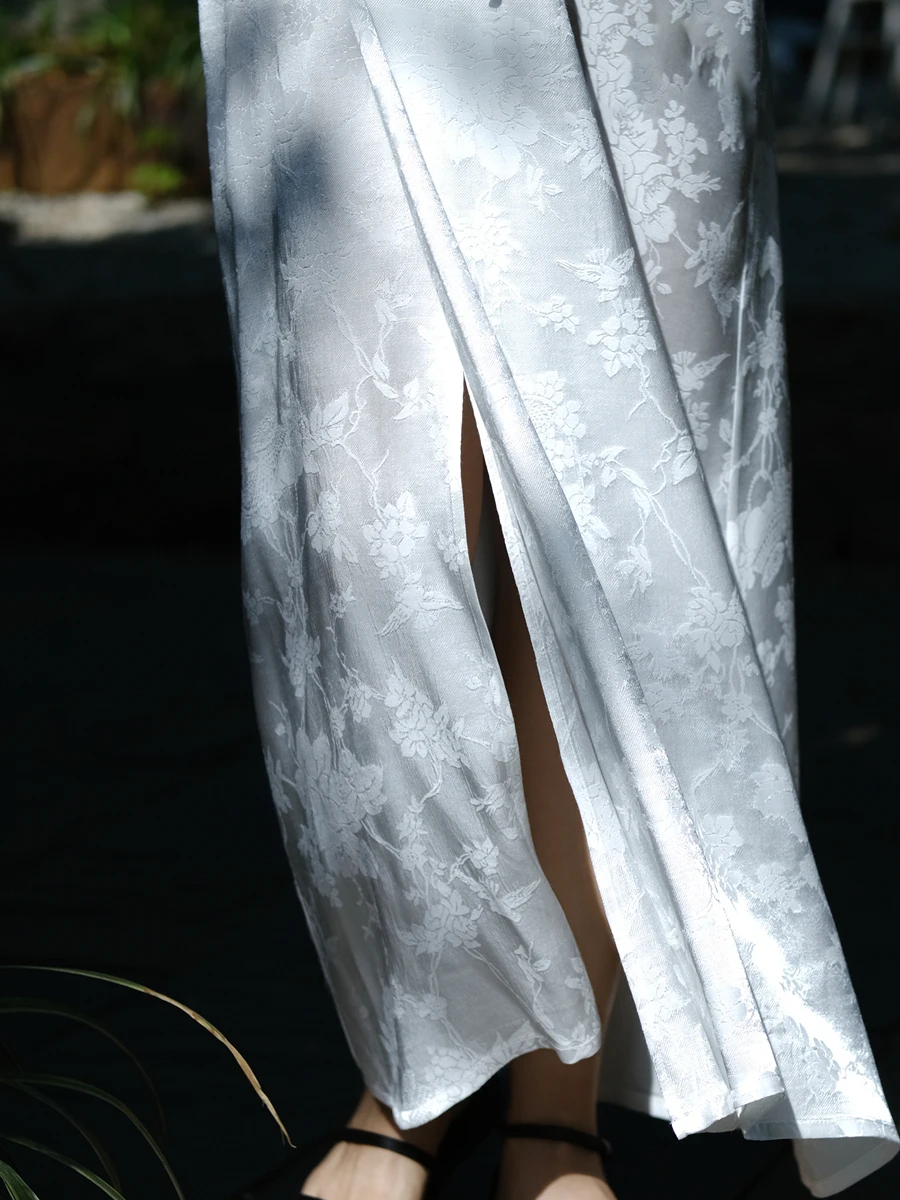 

Белая шелковая хлопковая атласная юбка с прямым подолом и вышивкой, женская летняя длинная юбка с цветочным принтом и асимметричным разрезом на талии