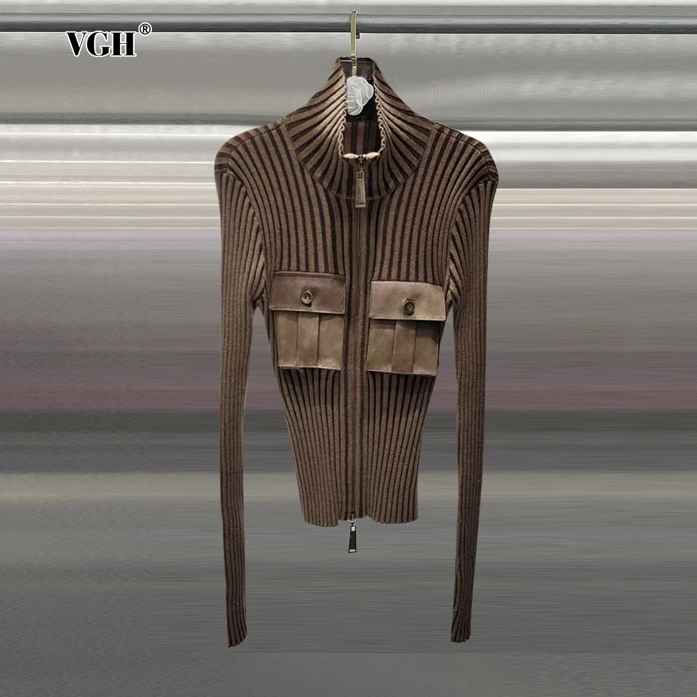 

VGH American Retro Women Knitted Cardigan Turtleneck Long Sleeves Patchwork Pockets Leather Design Slimming Solid Jackets Female