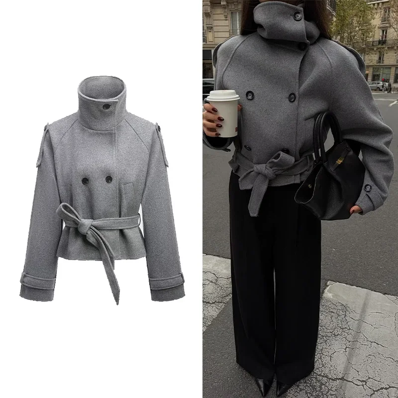 

Spring Women Double Breasted Jacket With Belt Office Lady Lapel Collar Short Jackets Long Sleeve Lady Coats Female Chic Tops