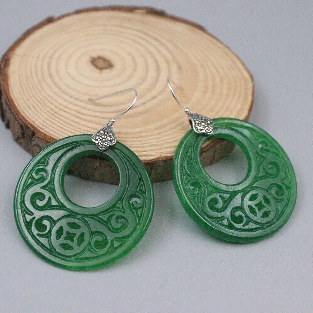 Real 925 Sterling Silver Dangle Earrings Natural Green Jade Circle Charm 1.77