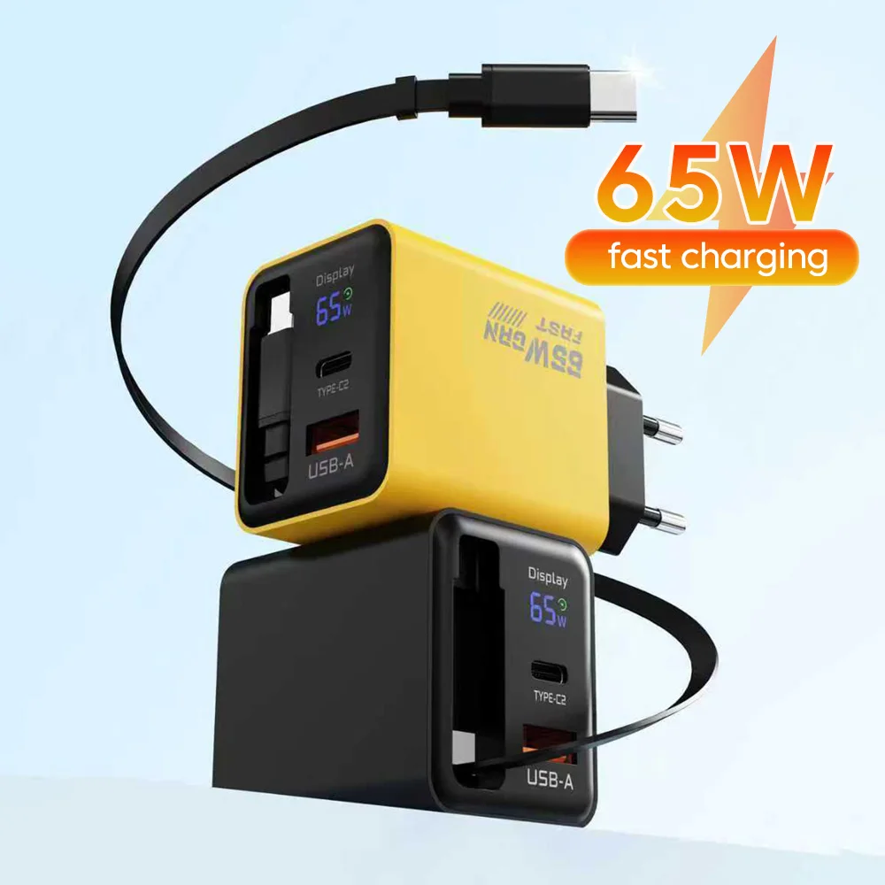 

Зарядное устройство GaN 65 Вт с USB 22.5 Вт + Type-C PD 20 Вт + кабель Type-C 22.5 Вт, быстрая зарядка, цифровой дисплей, адаптер для телефонов iPhone 15-17