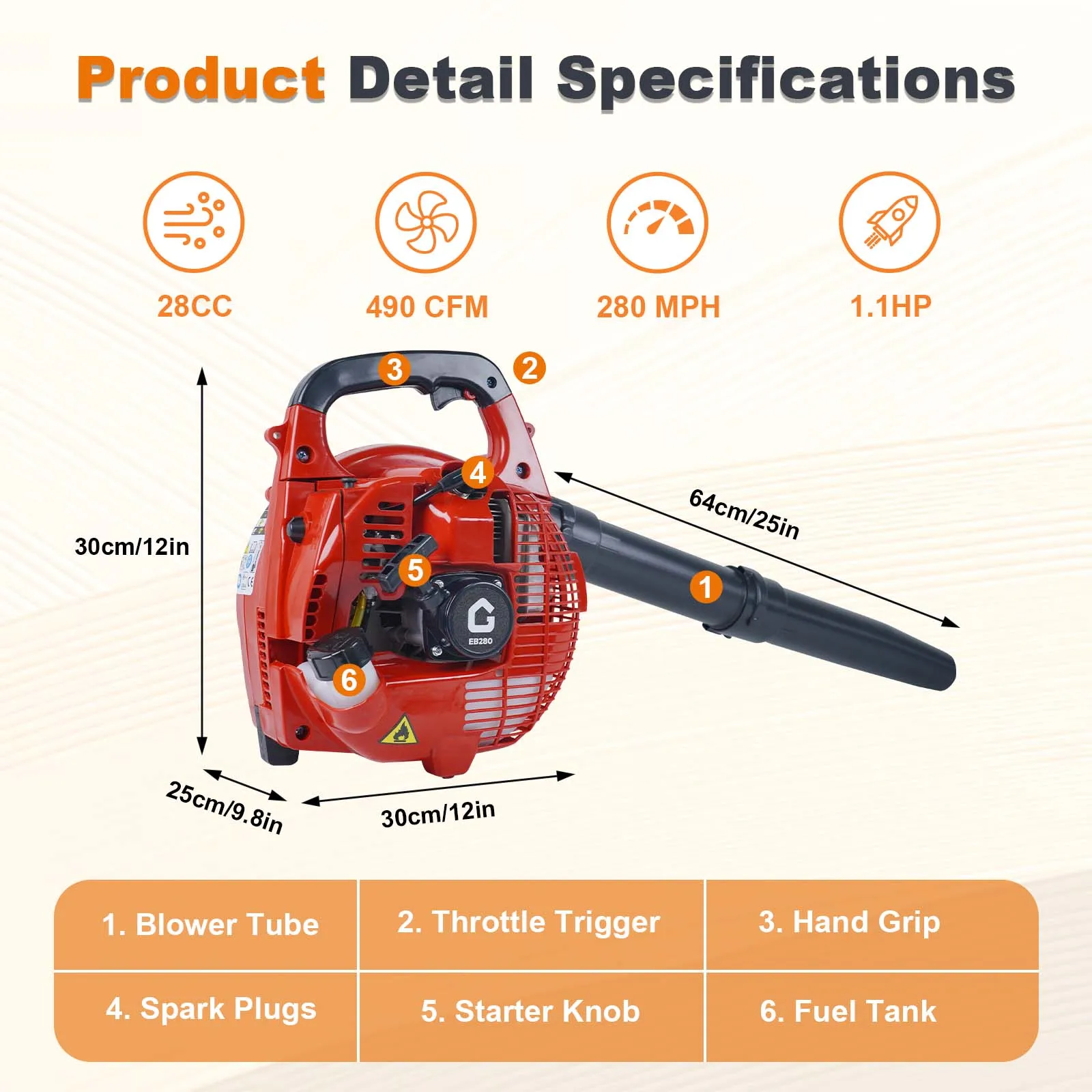 High-Power 2-Stroke Gas Handheld Leaf Blower, 28cc 1.1HP Engine, Up to 490 CFM 280 MPH, Changeable Throttle Lightweight for Yard, Garden, Driveways & Light Snow