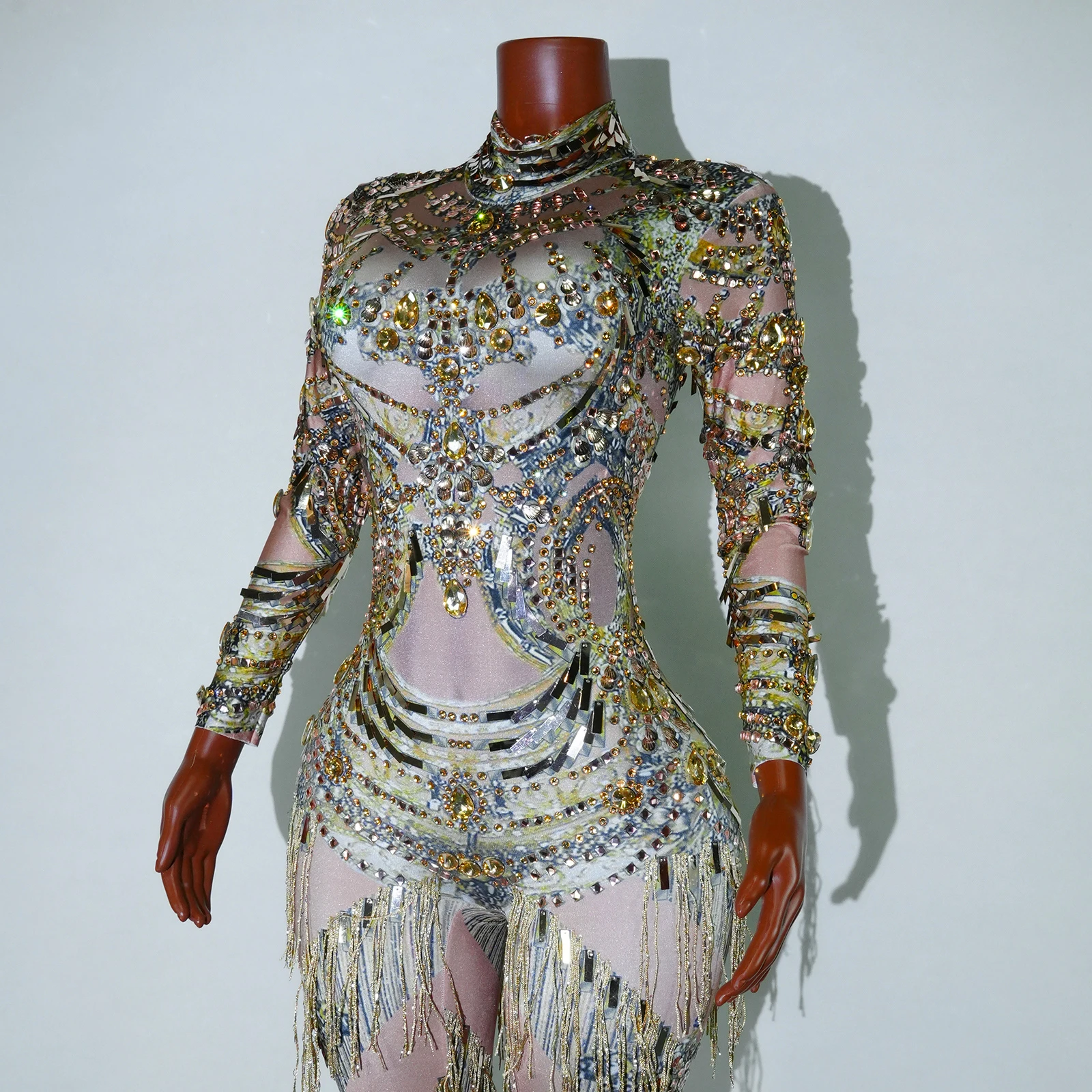 Full Gold Rhinestones Jumpsuits Sexy Printed Tassels Drag Queen Costume Dance Show Women Wear Singer Birthday Performace Outfit