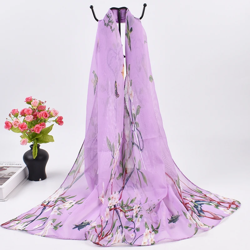 New Fresh Spring Peach Blossom Printed Chiffon Women\'s Long Scarves Wholesale Thin Sun Protection Women\'s Scarves