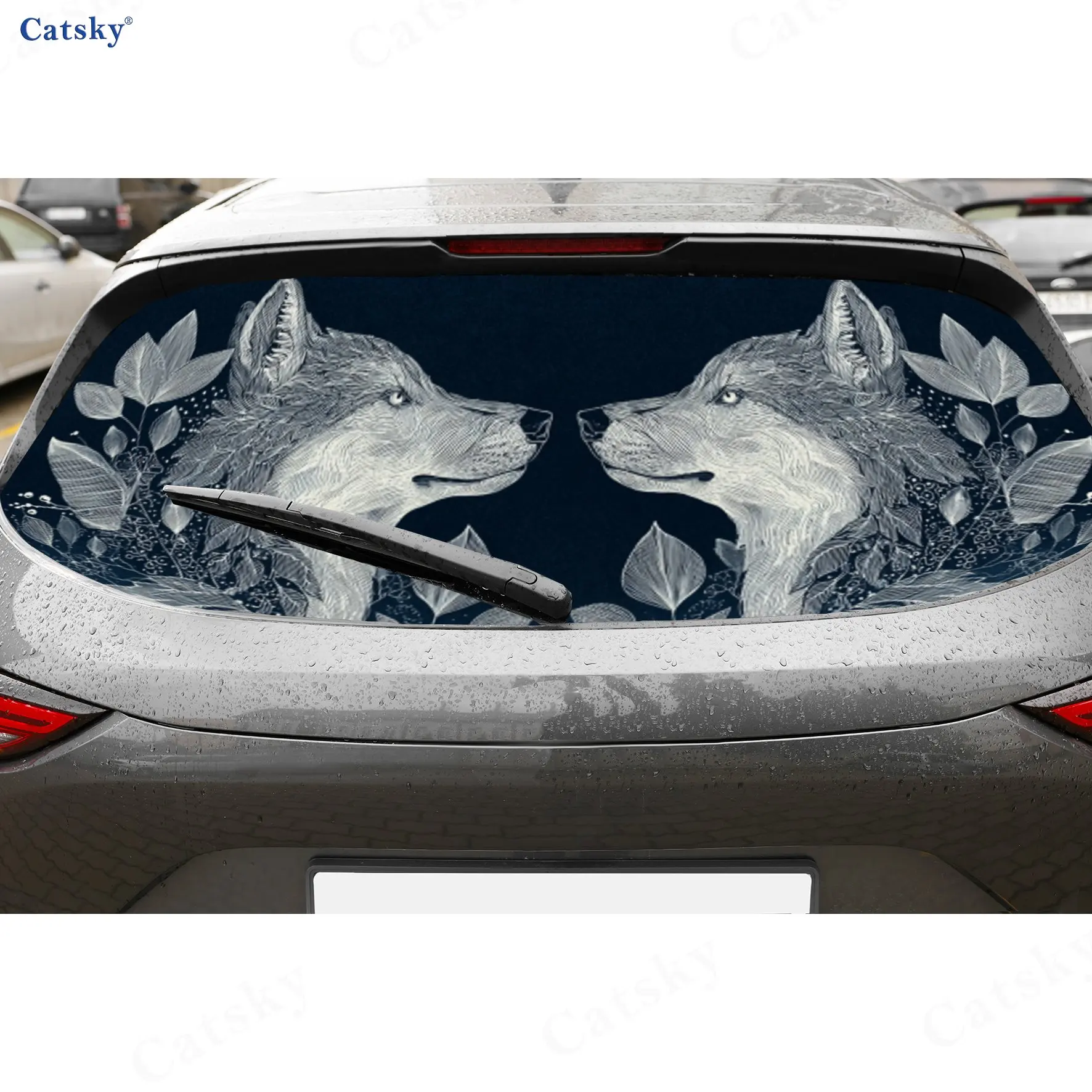Symmetric Wolf Totem Art Natural Pattern PVC Perforated Car Vinyl Wraps, Durable Car Rear Windshield Sticker, Waterproof Car Rea