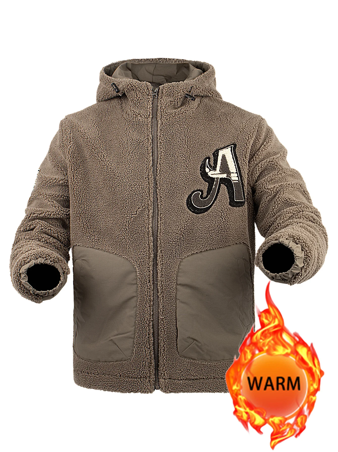 Chaqueta con capucha y cremallera de lana para hombre, puños elásticos gruesos y cálidos para otoño e invierno con bolsillo, abrigo informal bordado de retazos