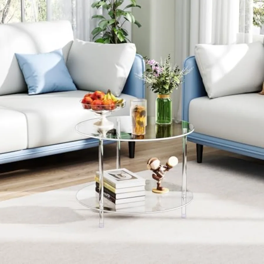 طاولة قهوة أكريليك مستديرة شفافة مع مساحة تخزين 23.6 لتر × 23.6 عرض × 18.4 ارتفاع 2 طبقة طاولات جانبية حديثة لوسيت للعيش R