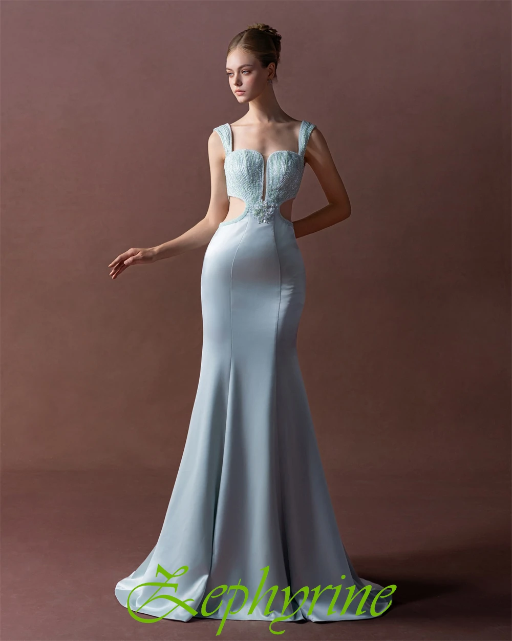 Vestido de noche elegante personalizado con cuello cuadrado de satén, vestidos de fiesta de sirena sexys, vestidos para ocasiones especiales con cuentas de alta calidad