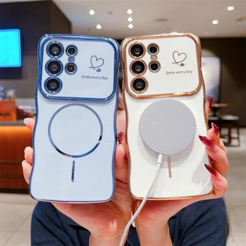 Magnetic Lectroplating Love Heart Wavy Case For Samsung S26 Ultra S25/24 FE S23 S22 Plus A57/37/27/17/07 Full-Pack Protect Cover