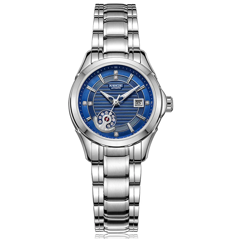 MIGE Brand bule couple mechanical stainless steel case women business watch night light waterproof luxury fashion watch for men