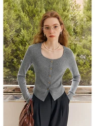 FSLE-Cardigan estilo elegante feminino, fino, baixo, gola redonda, outono, bainha nova, parte superior da base em banda, suéter de fundo, fêmea, 2023