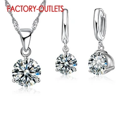 925 Sterling Silver Fashion Jewelry Set Classic 3 Claws Crystal  Necklaces Hoop Earrings Women Girls Engagement Anniversary