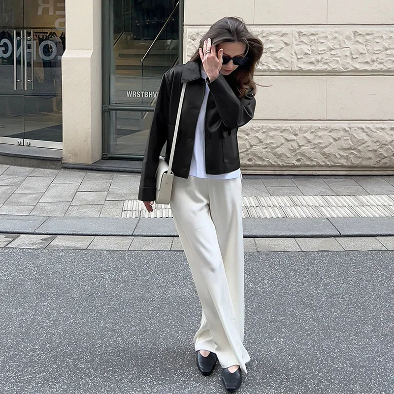 2026 nuove donne giacca corta monopetto in ecopelle Office Lady Casual High Street vestibilità ampia