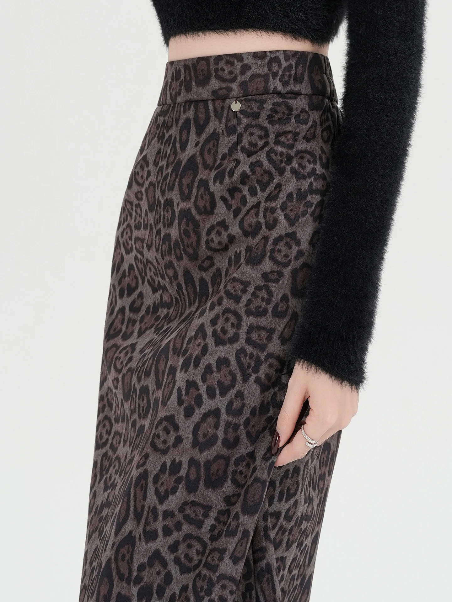 Retro Spicy Girl Leopard Print Woolen Midi Skirt High Waist A-Line f Body Skirts for Women Autumn Winter Loose Elastic Skirts