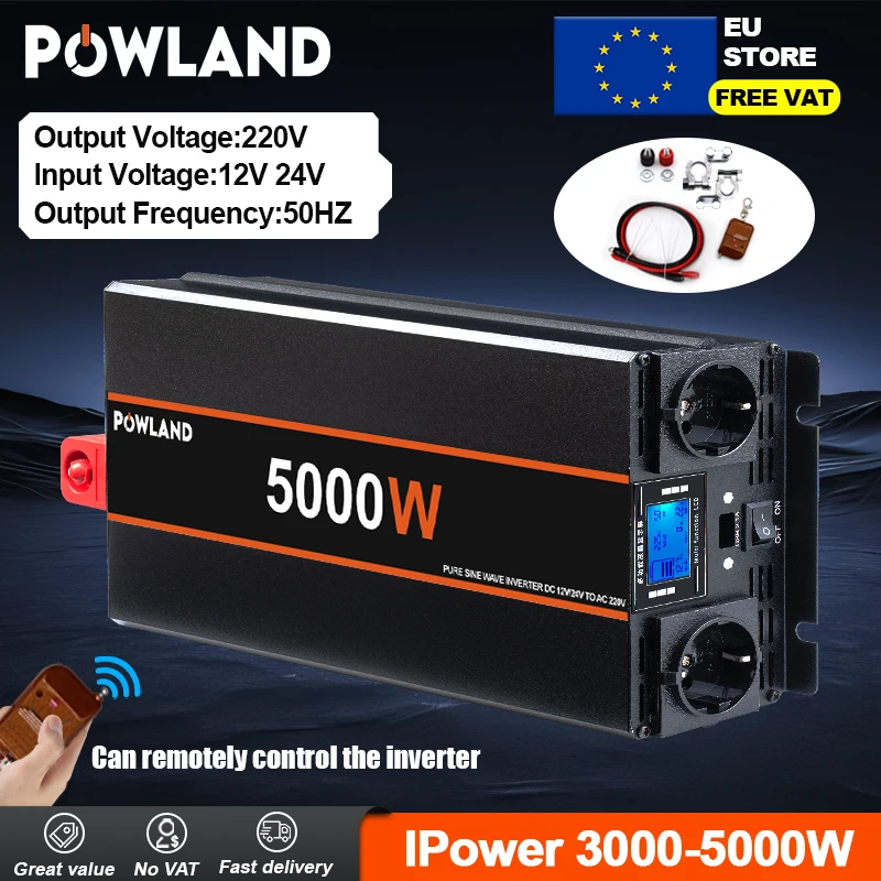 POWLAND 5000W 4000W 3000W Pure Sine Wave Inverter DC 12V 24V to AC 220V Voltage Transfer Converter EU Socket Auto Accessories