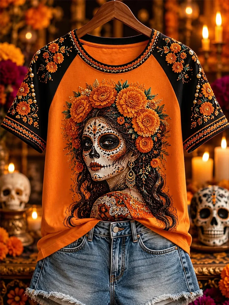 3D Women Short Sleeve T Shirt Dia De Los Muertos La Catrina Marigold Floral Sugar Skull Print Tee Day of The Dead Halloween Top