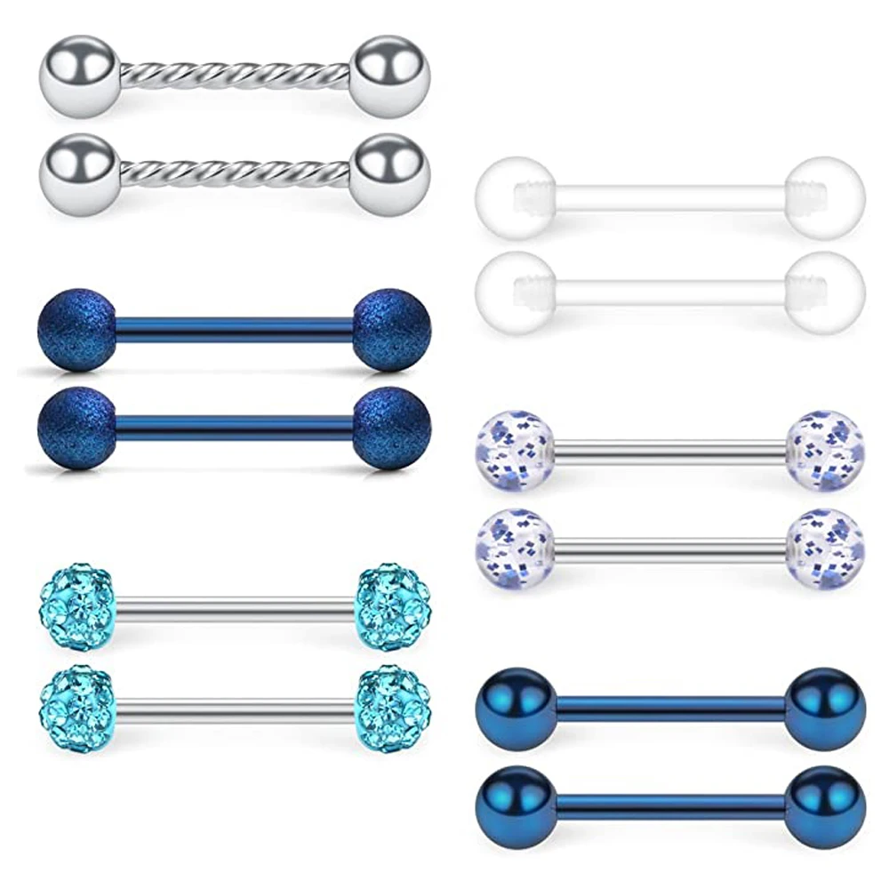 WKOUD Blue Stainless Steel Clear CZ Shield Nipple Ring Tongue Barbell Rings Bars Retainer Body Piercing Jewelry For Women Men