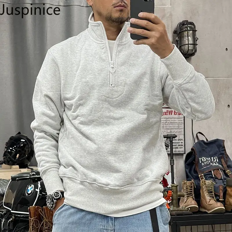 

Juspinice American Retro Hoodie Men's Loose and Trendy High Neck Long Sleeved T-shirt Zipper Pullover Spring Coat