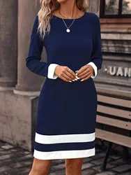 Women's New Fashion Casual Knitted Crew-neck Splicing Fitted Long-sleeved Mid-length Commuter Self -cultivation Dress