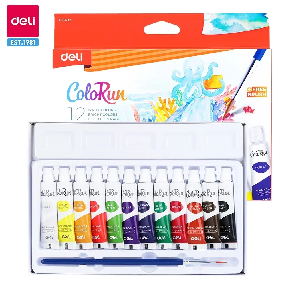 Deli 12/24 Colors Watercolor Paint Set in 5ml Tubes Art Academy Gouache Pigment Kit for Art Student Painters Beginner Art Supply