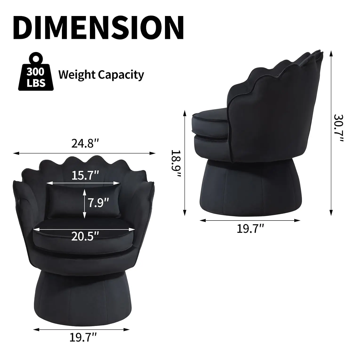 360° Swivel Velvet Barrel Chair, Mid-Century Modern Shell Arm Chair with Lumbar Pillow for Living Room Bedroom Office, Black, Cu