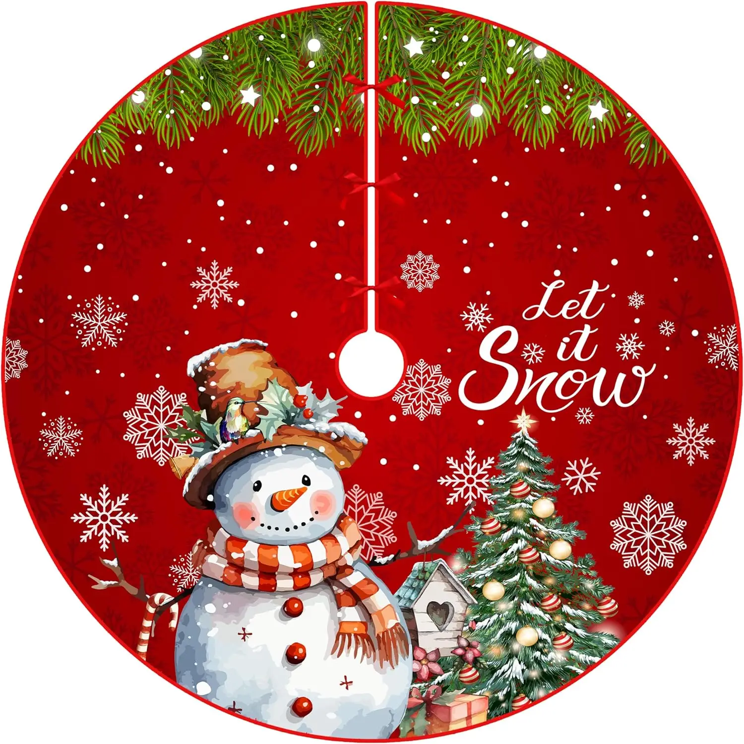 Red Christmas Tree Skirt 48 Inch Snowman Snowflaks Christmas Tree Decorations Let It Snow Farmhouse Xmas Tree Skirt Ornaments De