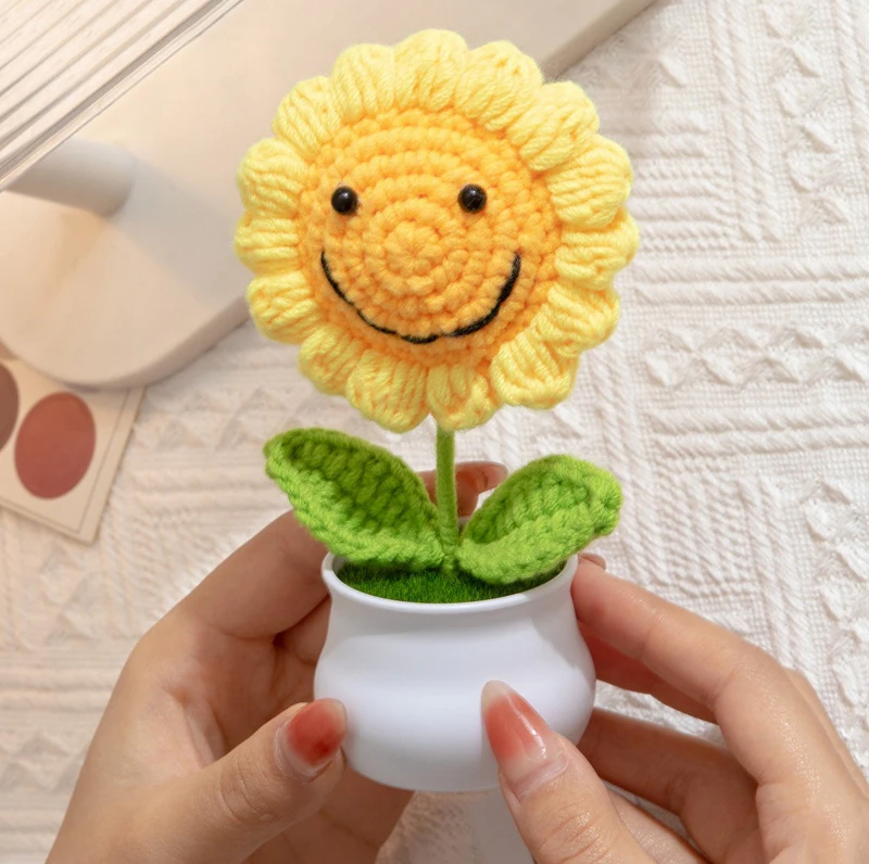 1PCS Kreative Künstliche Blumen Nette Häkeln Sonnenblume Töpfe Gestrickte Blume Handgemachte Geschenk Hause Hochzeit Gast Geschenke Desktop Decor – Detail 9