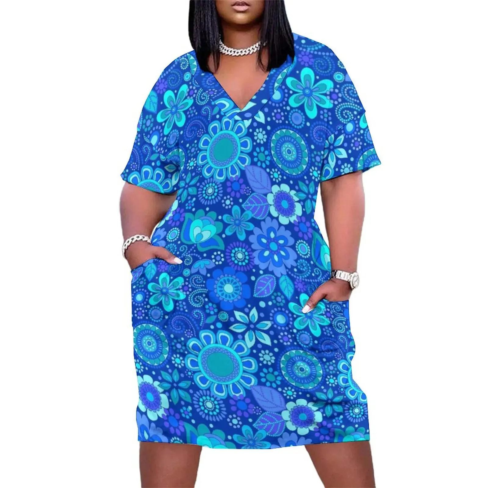 

133 Groovy Flower Dots blue & turquoise Loose Pocket Dress Dress for girls Party dresses for women Women's dresses