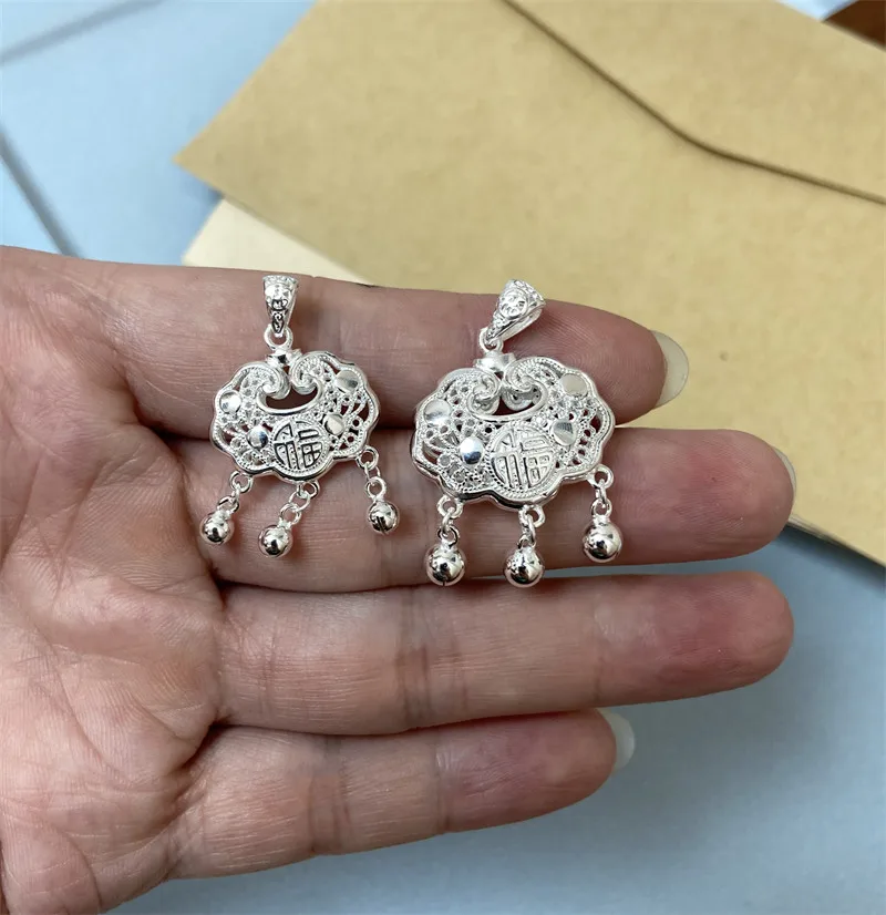 999 Pure Silver Pendant Necklace with Handmade Hollow Carving 'Longevity Lock' for Girls Child Safety Lock Moon Lock Peace Lock
