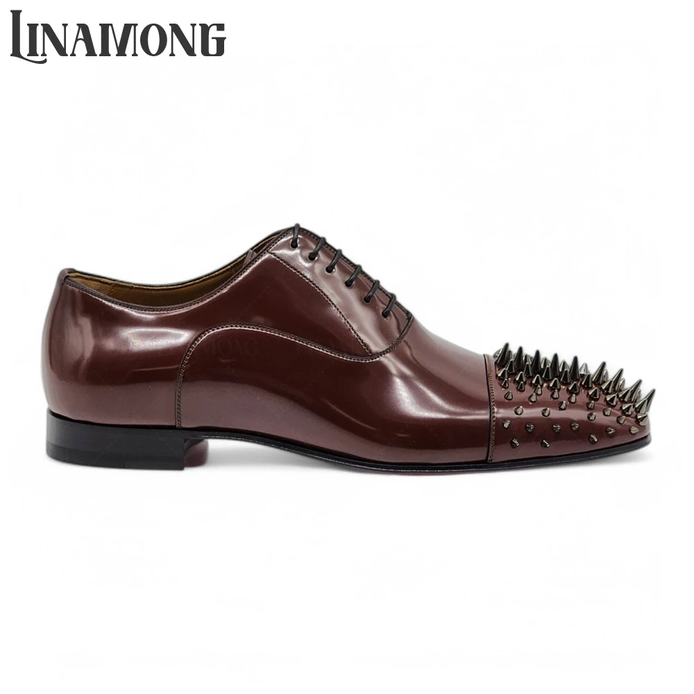 

Polished Brown Leather Oxford Shoes Sleek Design Rivet Almond Toe Leather Shoes Punk Designer Style Handmade Men's Leather Shoes
