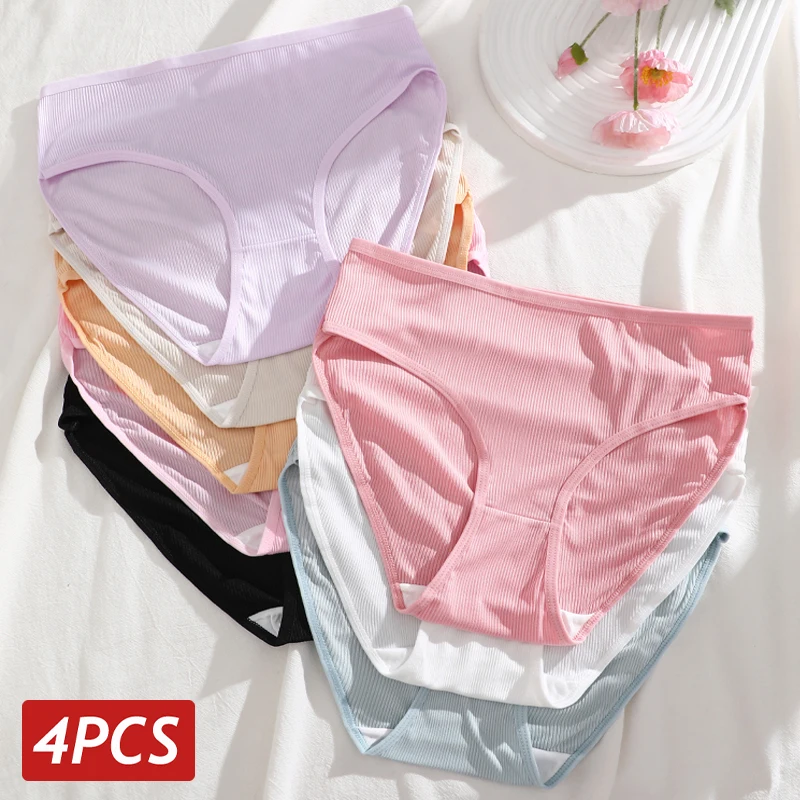 4Pcs/Set Solid Color S-XL High Waist Panties For Women Elastic Soft Comfortable Underwear Ladies Thread Intimates Sexy Lingerie