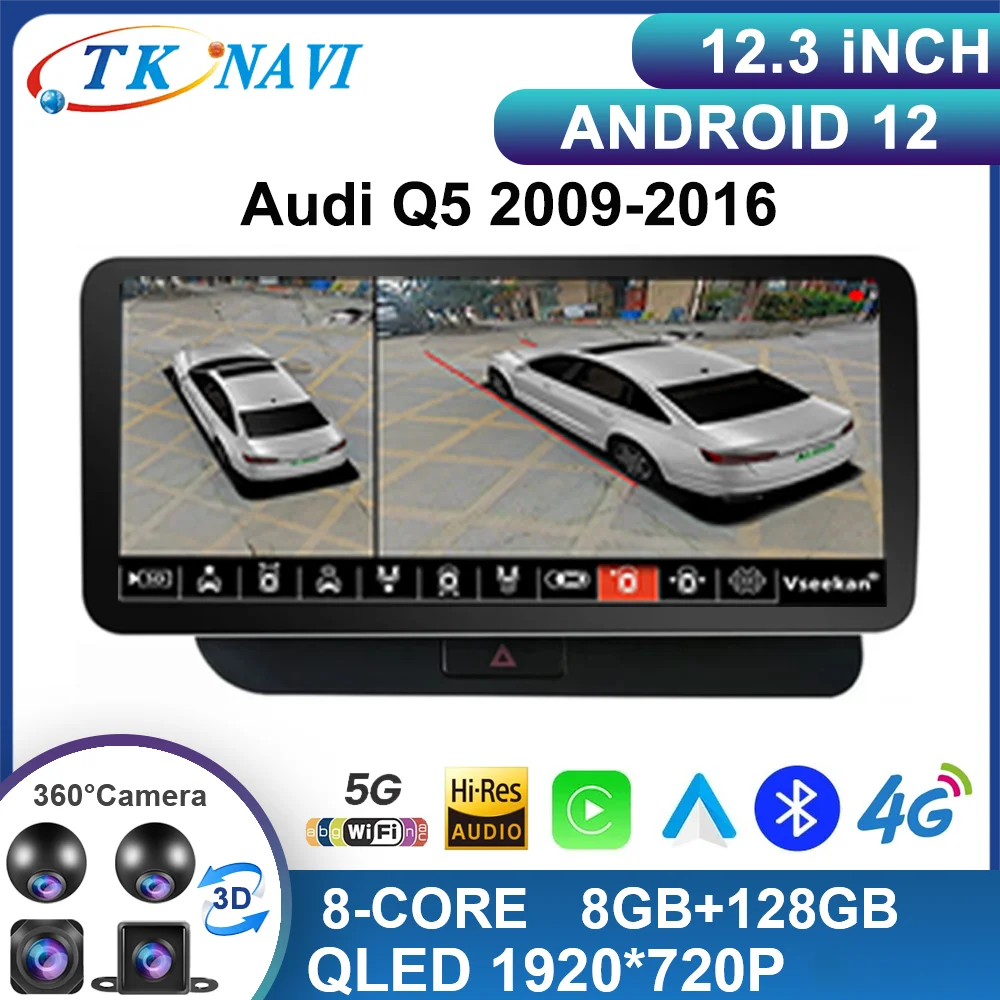 12.3 Inch Android 14 For Audi Q5 2009-2016 Car Radio Stereo WIFI 4G Split Screen BT GPS Navi Multimedia Carplay Auto 360 Camera