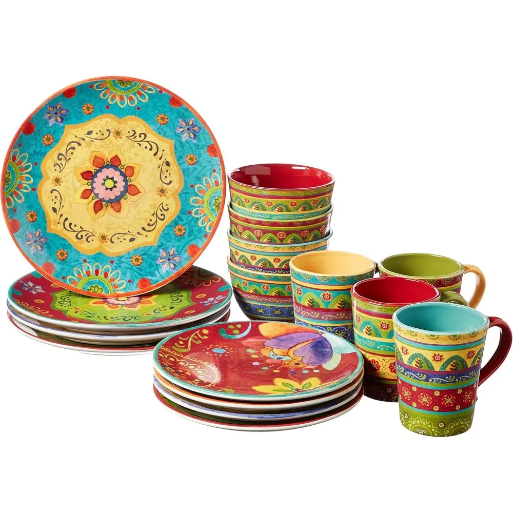 

Colorful Bohemian 16-Piece Dinnerware Set for 4: Global Floral Patterned Plates, Bowls, and Mugs