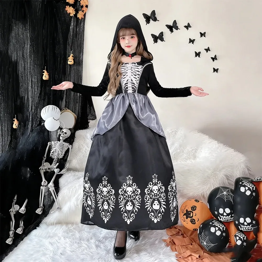 Gothic Vampire Long Dress Costume Red Floral Inner Robe With Flared Sleeves Hooded Skeleton Print Gown And Flame Pattern Hem Dress Classic Stand Collar Matching Decorative Neck Ring For Halloween Gathering Haunted House Event Horror Themed Cosplay Outfit view 2