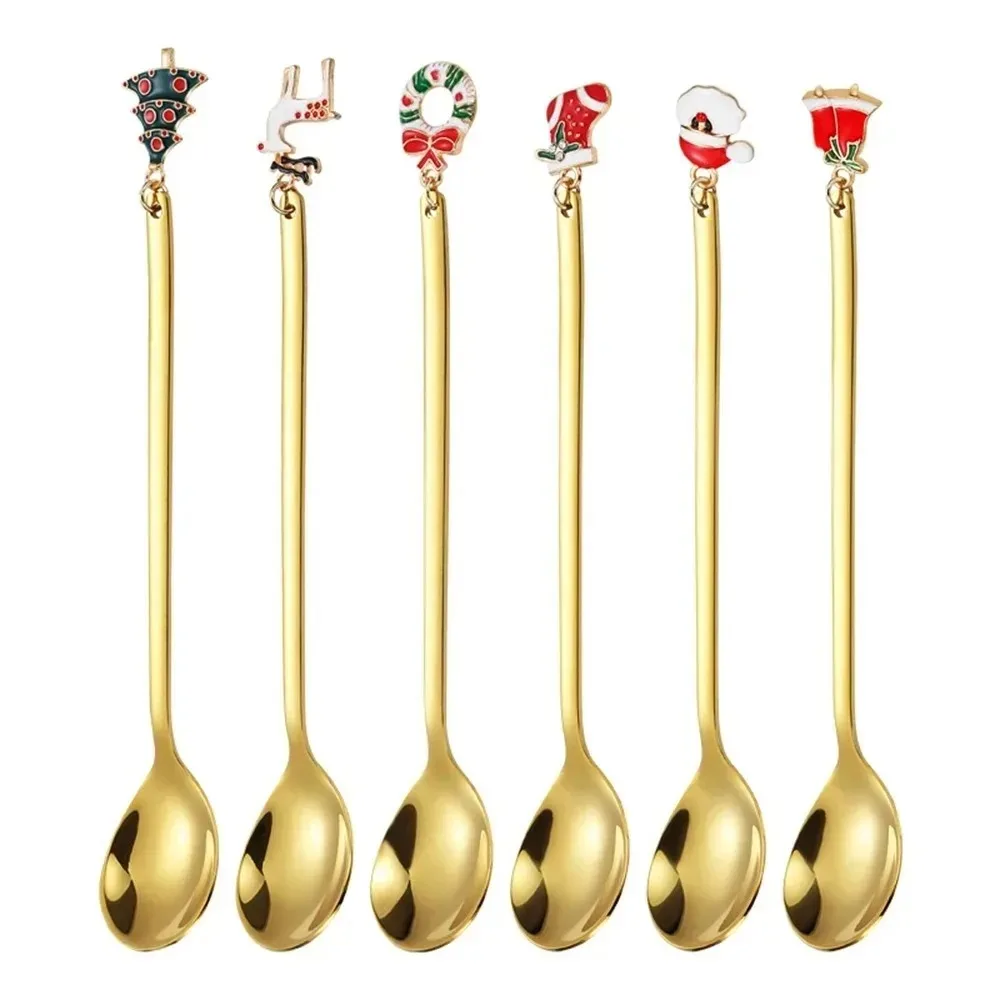 Juego de cubiertos navideños de 6 piezas, cucharas de café de Navidad, vajilla dorada de acero inoxidable para café agitador, postre, lindo regalo de Navidad